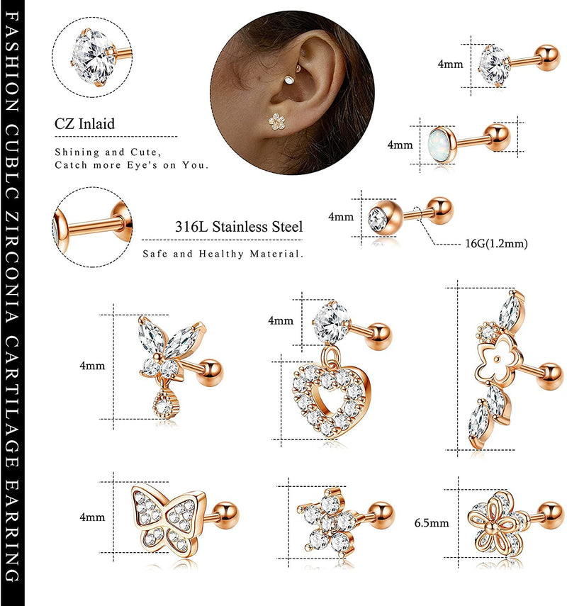 [Australia] - Milacolato 18G Stainless Steel Cartilage Earrings for Women Men Cubic Zirconia Stud Earring Helix Tragus Daith Conch Ear Piercing Jewelry Rose Gold Tone 