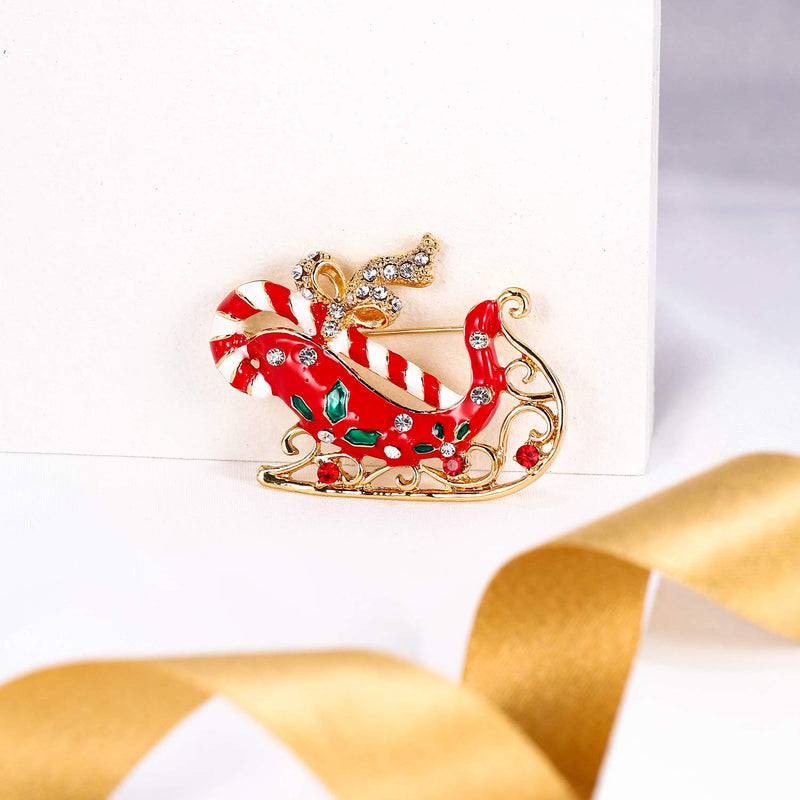 [Australia] - EVER FAITH Red Santa Claus Sleigh Candy Cane Bowknot Brooch Austrian Crystal Gold-Tone 