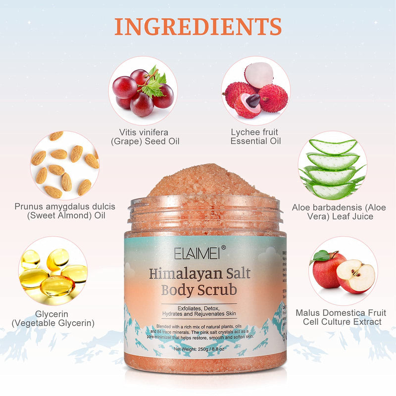 [Australia] - Himalayan Salt Body Scrub Infused with Lychee Oil, Natural Exfoliating Salt Scrub for Acne, Cellulite, Deep Cleansing, Scars, Wrinkles, Exfoliate and Moisturize Skin 8.8 oz 