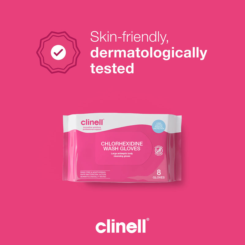 [Australia] - Clinell Chlorhexidine Wash Gloves - Pack of 8 Gloves - Body Wipes, Rinse Free Solution, Kills Bacteria, Dermatologically Tested Single 