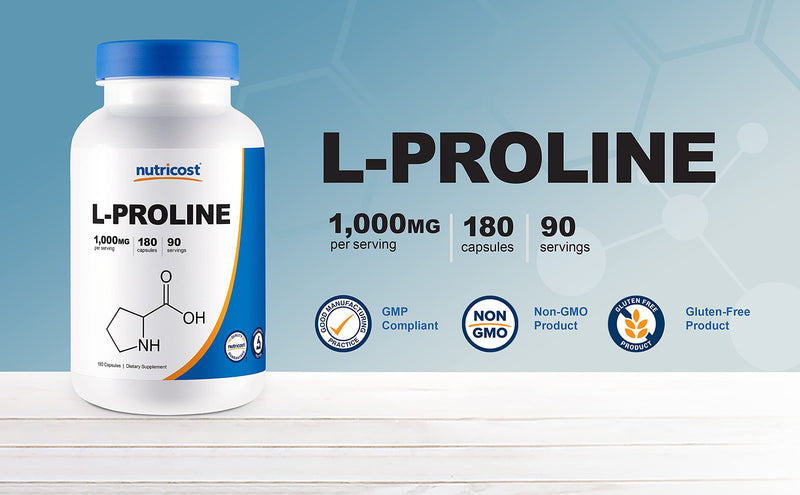 [Australia] - Nutricost L-Proline 1000mg, 180 Capsules (90 Servings) - 500mg Per Cap, Non-GMO, Gluten Free 