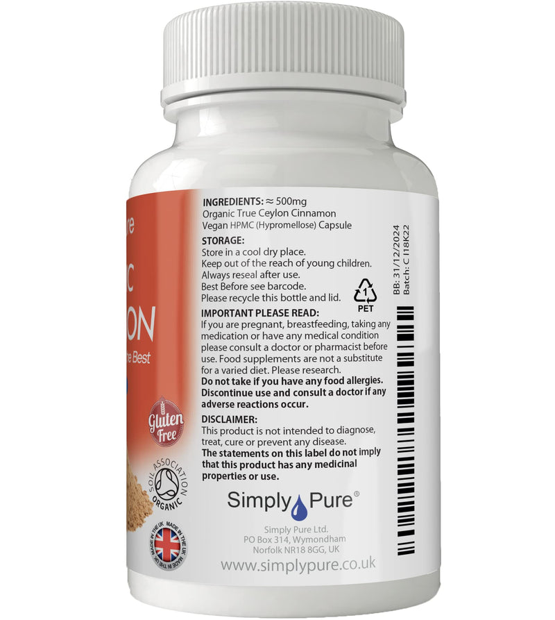 [Australia] - Simply Pure Organic Cinnamon Capsules x 90, 500mg, 100% Natural Soil Association Certified, Gluten Free, GM Free and Vegan. 