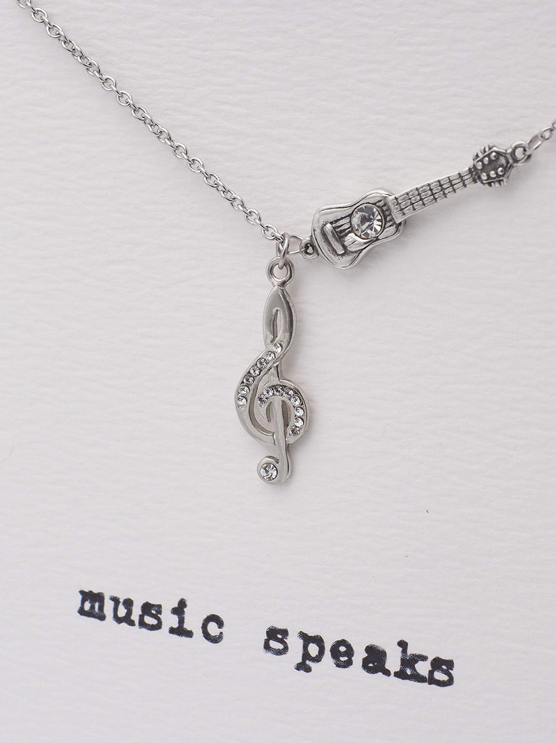 [Australia] - Quinnlyn & Co. Treble Note and Guitar Pendant Musical Note Necklace, Gifts for Music Teacher with Inspirational Music Quote on Greeting Card, Adjustable 16" to 18" in Silver Tone 