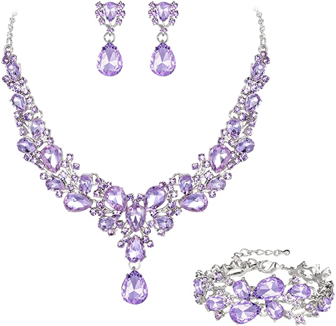 [Australia] - Molie Youfir Bridal Teardrop Statement Necklace Dangle and Earrings Set for Brides Wedding Light Purple 