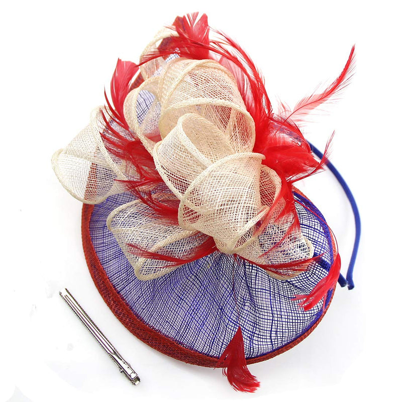 [Australia] - Sinamay Fascinator Hat Mesh Net Feather Cocktail Party Hat Flower Derby Hat for Women Blue+red+white 