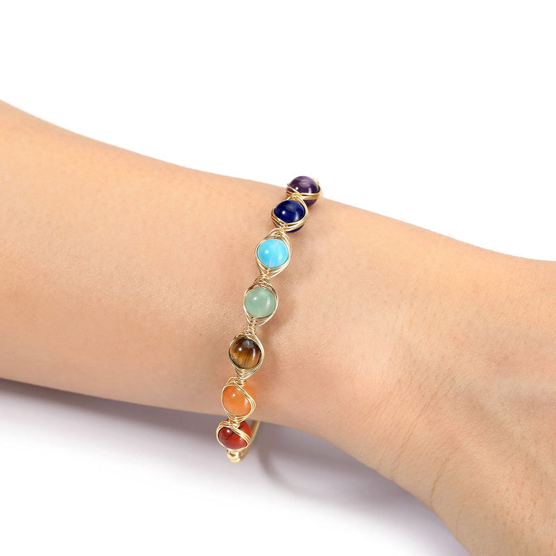 [Australia] - Top Plaza 7 Chakra Yoga Meditation Bracelet Healing Crystal Stone Bead Cuff Bracelets Adjustable 14K Gold Plated Bracelets for Women Girls Ladies Girlfriend Birthday Gifts 