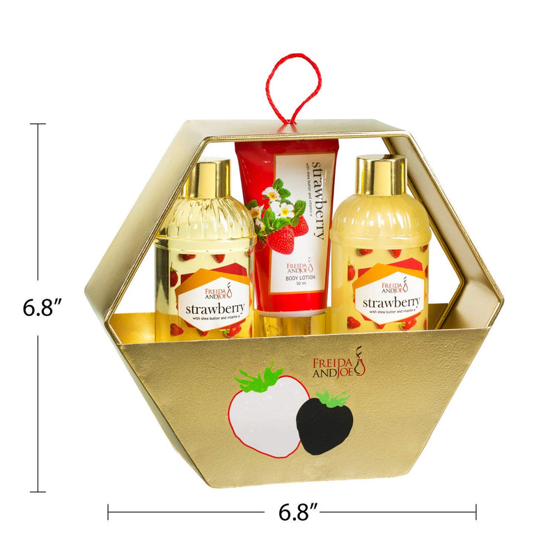 [Australia] - Bath and Body Basket Set For Women: Relaxing At Home Spa Kit Strawberry Holiday Kit in Gold Metal Hexagon Box Includes Shower Gel, Bubble Bath, Body Lotion 