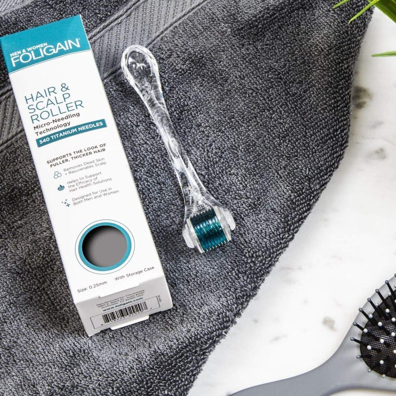 [Australia] - Foligain Hair & Scalp Roller - Microneedling Roller for Thinning Hair - 540 Titanium Microneedles at 0.25mm - Painless Derma Roller for Men & Women - Premium Micro Needling Roller - Stimulates Hair 