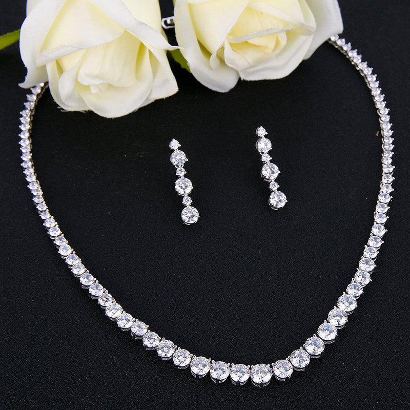 [Australia] - EVER FAITH Wedding Bridal Round Prong Clear CZ Necklace Earrings Set Silver-Tone 