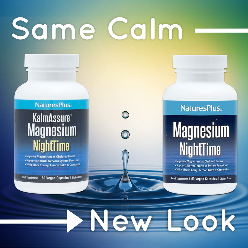 [Australia] - NaturesPlus Magnesium Nighttime - Magnesium Glycinate and Taurate Supplement with L-Theanine, Ashwagandha, Lemon Balm, B6, Hops - Vegan, Gluten Free - 60 Capsules 