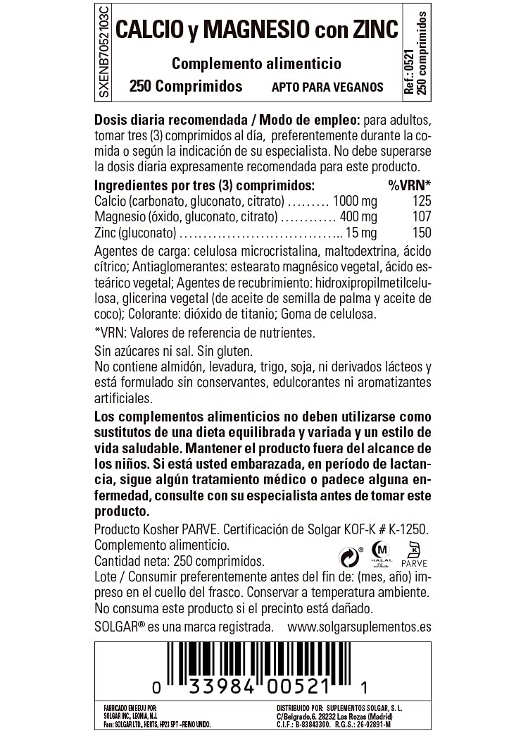 [Australia] - Solgar Calcium Magnesium Plus Zinc, 250 Tablets - Promotes Healthy Bones and Teeth - Supports Nerve & Muscle Function - Non GMO, Vegan, Gluten Free, Dairy Free, Kosher, Halal - 83 Servings 250 Count (Pack of 1) 