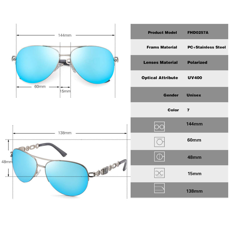 [Australia] - FENCHI Aviater Sunglasses For Women Mirrored UV 400 Lens Protection Classic Exquisite Metal Frame 0257 Lens: Blue revo/Frame: Shiny Silver/Temple: Grey 