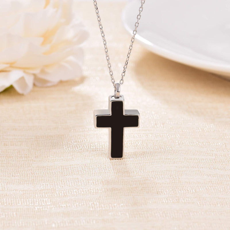 [Australia] - 925 Sterling Silver Cross Urn Pendant Necklace Black Enamel Cross Cremation Jewelry for Ashes Memorial Bereavement Gifts for Women Men 