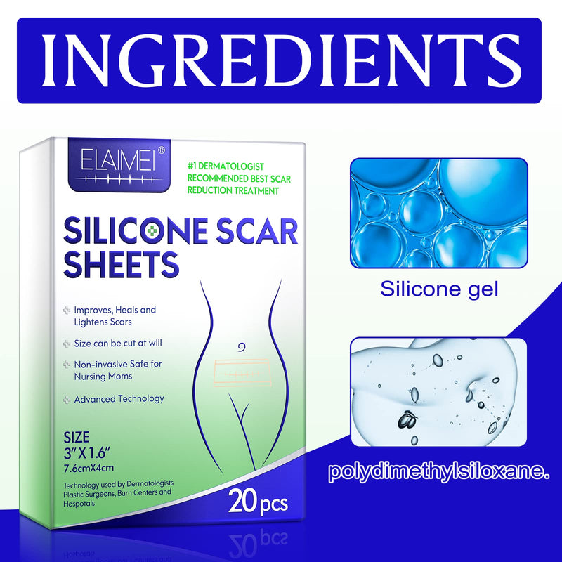 [Australia] - Silicone Scar Sheets, Professional for Scars Caused by C-Section, Surgery, Burn, Keloid, Acne, and More(7.6CMX4CM, 20PCS) 7.6CMX4CM, 20PCS 