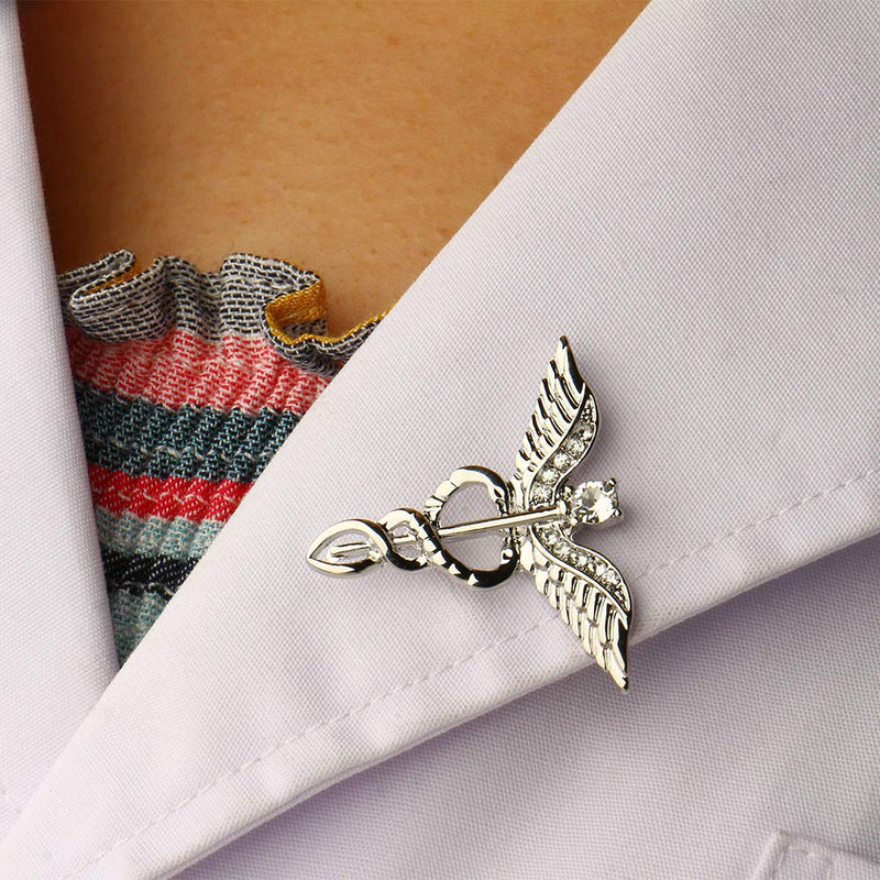 [Australia] - QIAN0813 Medical Symbol Caduceus Stethoscope RN Nursing Badge Brooches Lapel Pin for Registered Nurse Doctor Rod of Asclepius Emergency Brooch Jewelry Angel Wing-Silver 