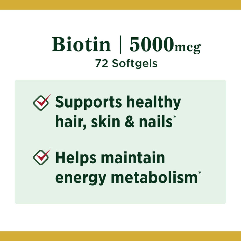 [Australia] - Biotin by Nature's Bounty, Vitamin Supplement, Supports Metabolism for Energy and Healthy Hair, Skin, and Nails, 5000 mcg, 72 Softgels 