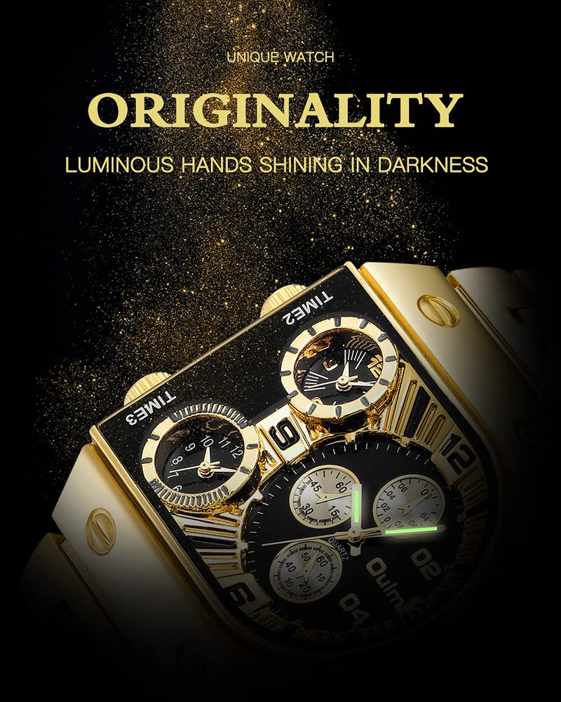 [Australia] - Creative Gold Watch Men Quartz 3 Time Zone Large Watch Stainless Steel Military Sport Male Clock gold black 