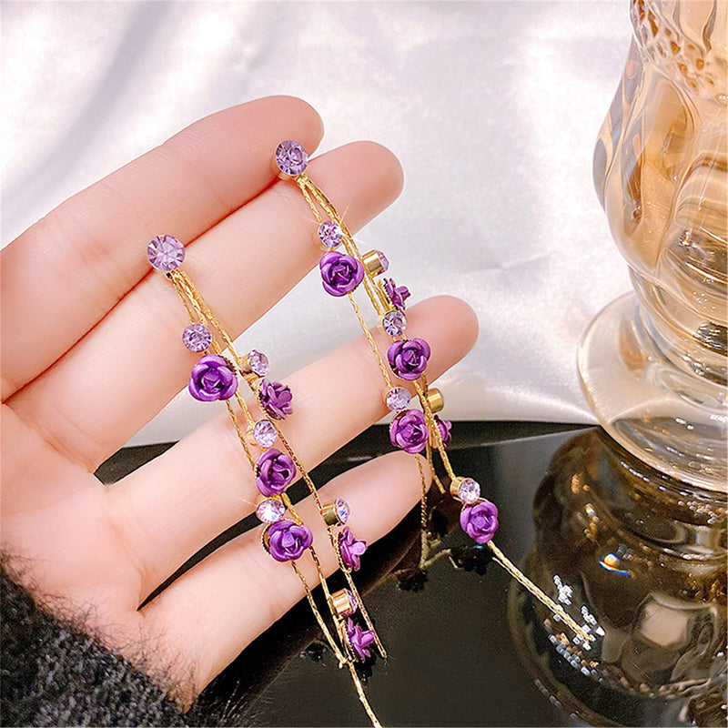 [Australia] - ANDPAI Unique Chic Long Tassel Chain Red Purple Rose Flower Dangle Drop Stud Earrings with White Sparkly Crystal for Women Girls Statement Jewelry Gifts 