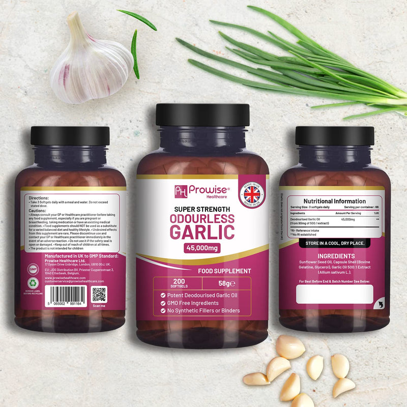 [Australia] - Premium Odourless Garlic Capsules - High Strength 45,000mg - 200 Softgels - Deodourised Premium Garlic Oil Extract from Allium Sativum - Made in UK by Prowise 