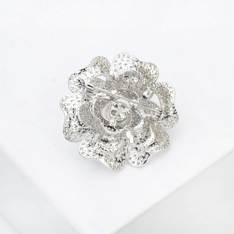 [Australia] - Freshwater Pearl Hollow Out Crystal Rose Camellia Flower Brooch Pins Brass Micro Pave Rhinestone Blooming Floral Bridal Wedding Bouquet Jewelry 