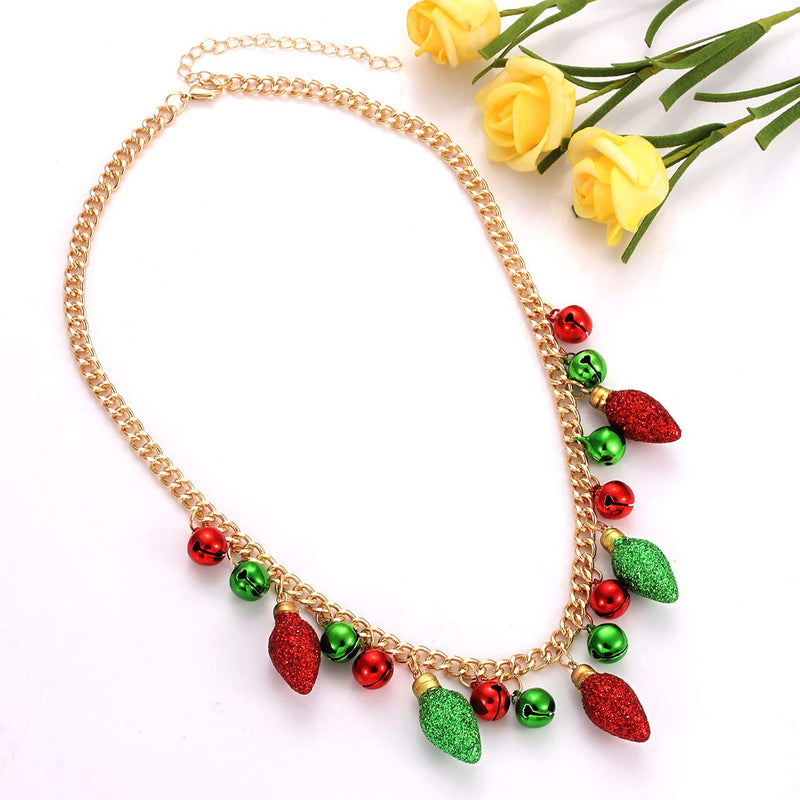 [Australia] - YAHPERN Christmas Necklaces for Women Girls X-Mas Jingle Bell Light Bulbs Chunky Collar Necklaces Jingle Bell Drop Dangle Earrings Set A :Light Bulbs 