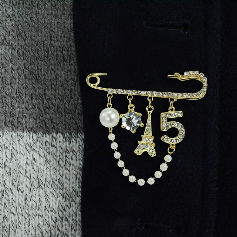 [Australia] - Mamfous Vintage Crown Number 5 Lapel Pins and Brooches for Women Rhinestone Jewelry with Simulated Pearl 