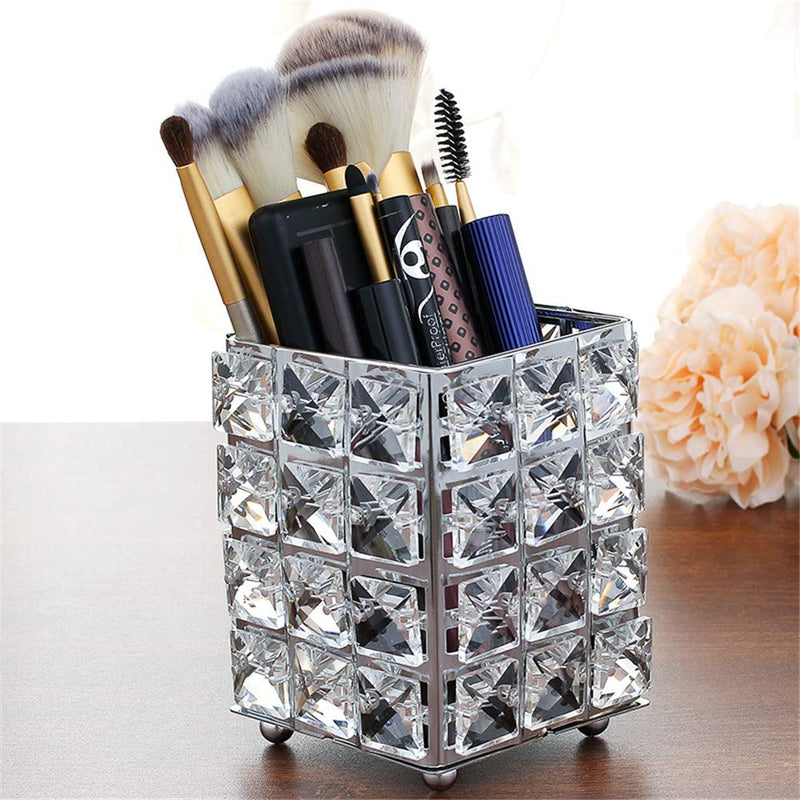 [Australia] - Miaowater Makeup Brush Holder Organizer Cosmetic Brushes Storage Eyeliners Eyebrow Pencil Container Crystal Bling Personalized Box (Silver Square) Silver 