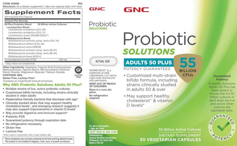 [Australia] - GNC Probiotic Solutions Adults | Customized Vegetarian Formula for Adults 50+, Supports Digestive and Immune Health | 30 Capsules 