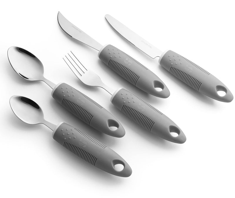 [Australia] - Special Supplies Adaptive Utensils (5-Piece Kitchen Set) Wide, Non-Weighted, Non-Slip Handles for Hand Tremors, Arthritis, Parkinson’s or Elderly Use - Stainless Steel Knives, Fork, Spoons - Grey 