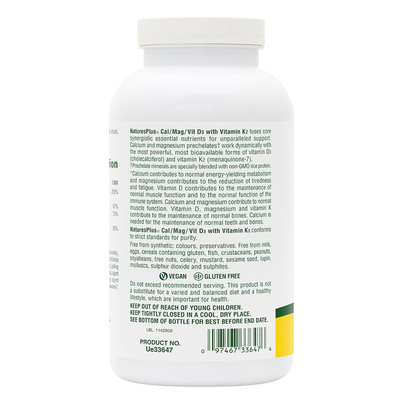 [Australia] - NaturesPlus Cal/Mag/VIT D3 with K2 - Bone Health Supplement with Calcium, Magnesium, Vitamin D3, K2 - Vegetarian, Gluten Free - 180 Tablets 180 Count (Pack of 1) 