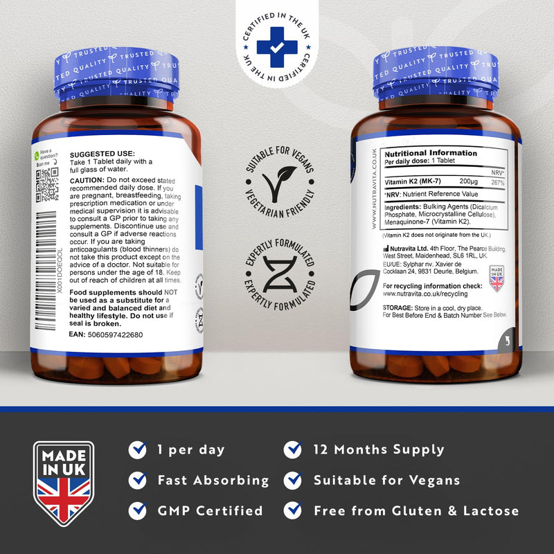 [Australia] - Vitamin K2 MK-7 200mcg - 365 Vegan Micro Tablets (Not Capsules) - Supports Maintenance of Normal Bones - High Strength Menaquinone MK7 - Made in The UK by Nutravita 