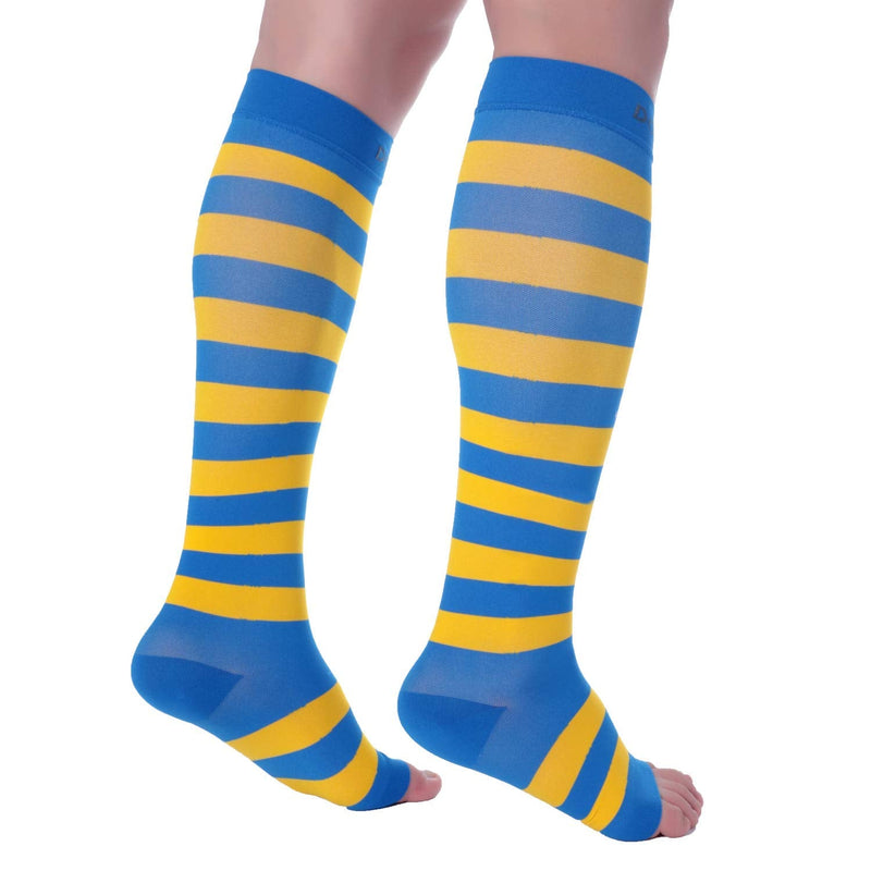 [Australia] - Doc Miller Open Toe Compression Socks for Women and Men 15-20mmHg, Shin Splints, Varicose Veins and Calf Injury Recovery Blue-yellow Small 