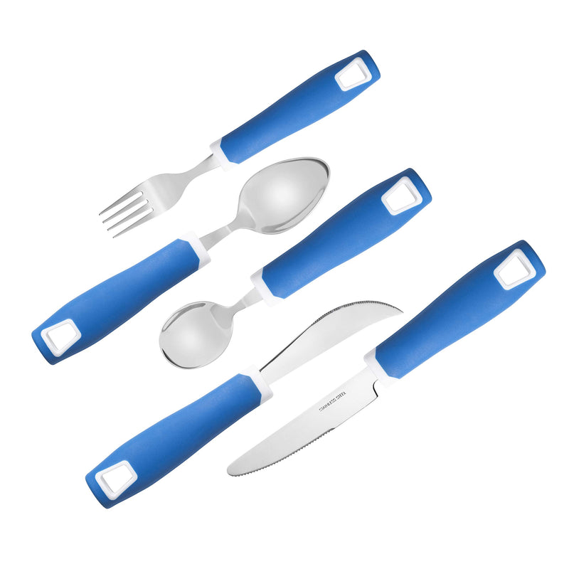 [Australia] - Special Supplies Adaptive Utensils 5-Piece Set Non-Weighted, Non-Slip Handles for Hand Tremors, Arthritis, Parkinson’s or Elderly Use - Stainless Steel Knife, Rocker Knife, Fork, Spoons - Blue 