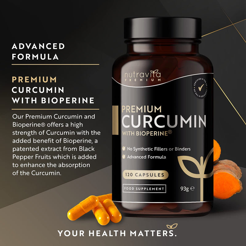 [Australia] - Premium Curcumin 95% Curcuminoids with Bioperine® - 120 High Strength Vegan Capsules - Turmeric Curcumin and Bioperine® (Black Pepper Extract) to Enhance Absorption - Made by Nutravita 