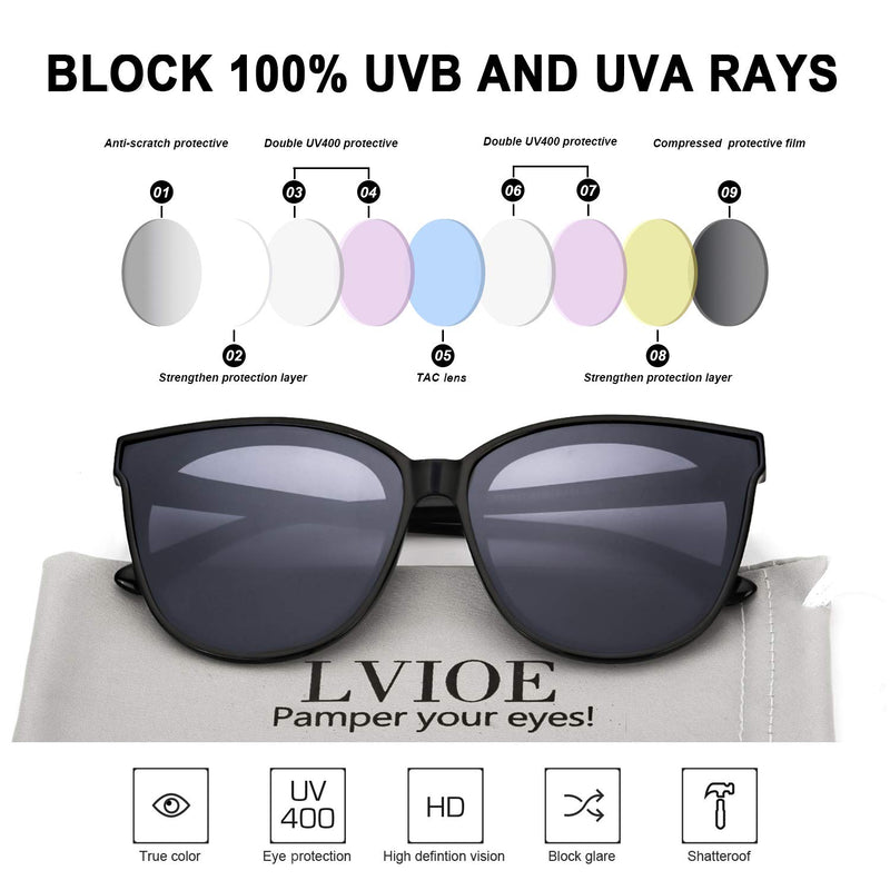 [Australia] - LVIOE Cat Eyes Sunglasses for Women, Polarized Oversized Fashion Vintage Eyewear for Driving Fishing - 100% UV Protection Black 