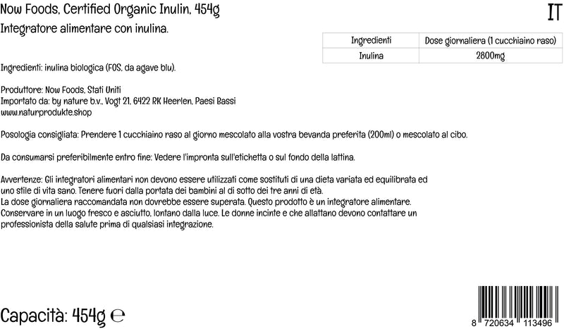 [Australia] - Now Foods, Certified Organic Inulin (Organic Inulin) from Blue Agave, Dietary Fibre, 454g Vegan Powder, Lab-Tested, Soy Free, Gluten Free, Non-GMO, Vegetarian 