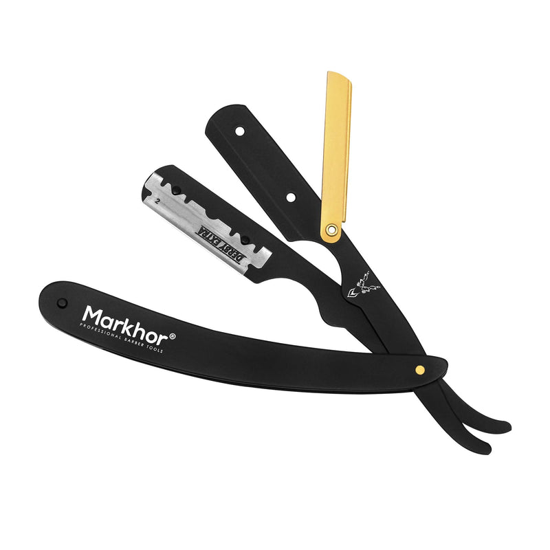 [Australia] - Markhor® Cut Throat Razor Kit, Matte Black with 24K Gold Plated Straight Razor, Professional Barber Razor, Premium Quality Straight Edge Razor, Moustache & Beard Shaving Razor Single Blade Razor 