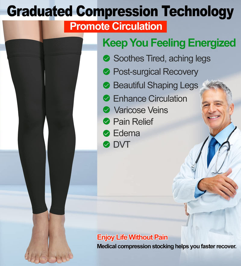 [Australia] - Thigh High Compression Stocking Footless - Pair, Thigh-Hi Leg Compression Sleeves Unisex, 20-30mmHg Gradient Compression with Silicone Band, Opaque, Best for Varicose Veins, Edema, Swelling, Black XL X-Large (1 Pair) 