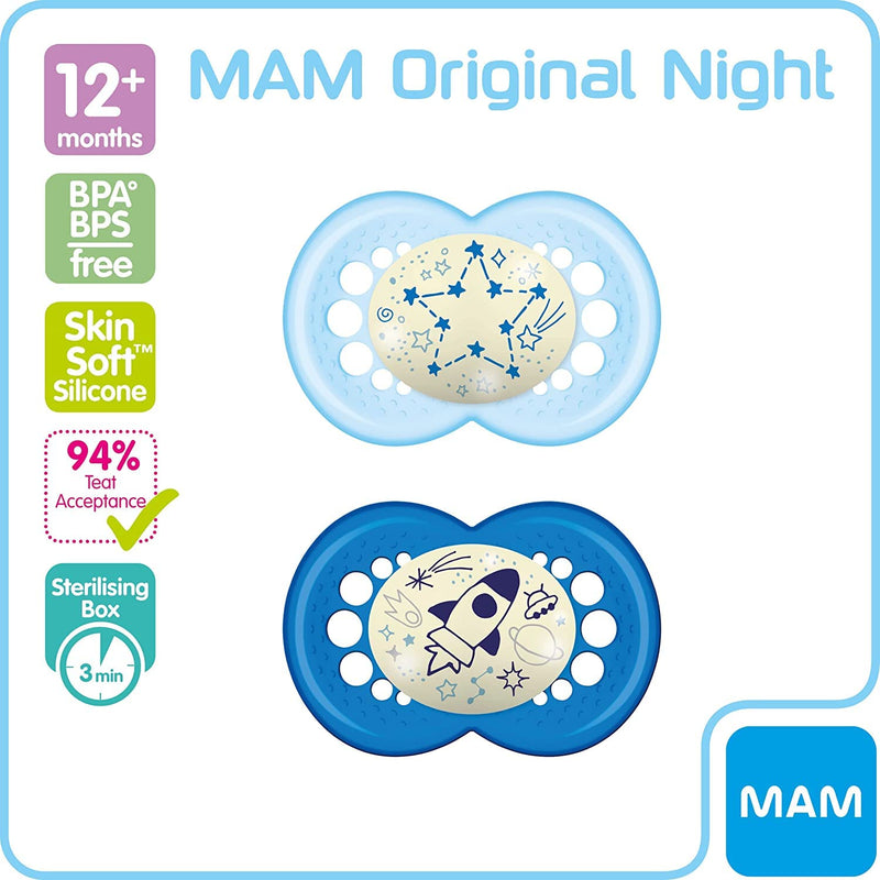 [Australia] - MAM Night Soothers 12+ Months (Pack of 2), Glow in the Dark Baby Soothers with Self Sterilising Travel Case, Newborn Essentials, Blue, (Designs May Vary) single 