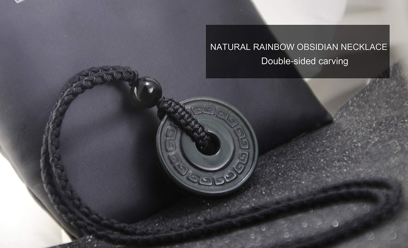 [Australia] - HASKARE Natural Energy Stone Pendant Engraved Black Obsidian Healing Necklace Adjustable Size 27.5inch Rainbow Obsidian Donut 