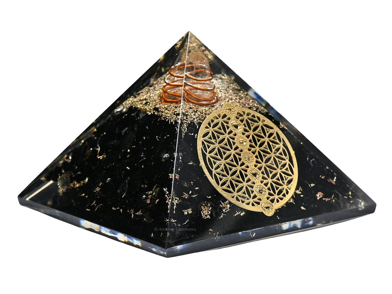 [Australia] - Large Orgone Pyramid | Black Tourmaline Pyramid Crystal | Chakra Flower of Life Orgonite Pyramid | Organ Pyramids Positive Energy Healing Flower of Life - 7 Chakra 