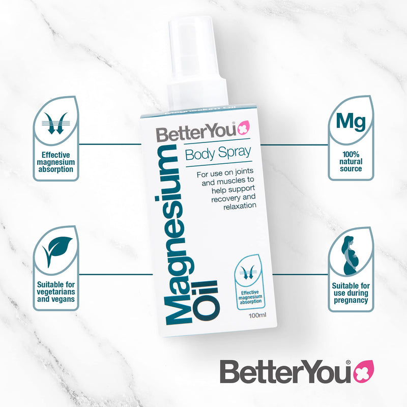 [Australia] - BetterYou Magnesium Oil Body Spray | Pure, Clean and Natural Source of Magnesium Chloride | Magnesium Spray | Vegan & Palm-Oil Free | 100ml (600 Sprays) Single 
