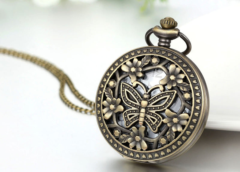 [Australia] - JewelryWe Retro Design Bronze Butterfly Flower Openwork Cover Pocket Quartz Watch with 31.5 Inch Chain for Mothers Day butterfly-big 