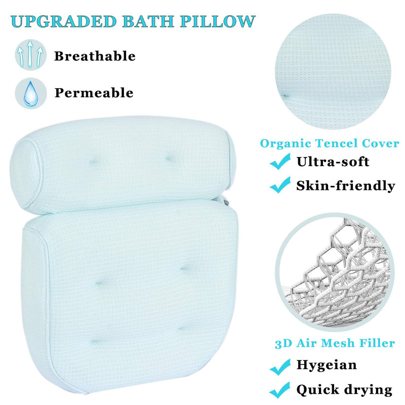 [Australia] - Idle Hippo Bath Pillow Organic Tencel Bathtub Pillow - Upgraded 3D Air Mesh Bath Pillow with Head, Neck, Back and Shoulder - Ultra Soft and Quick Dry Spa Pillow for Bathtub Light Blue 