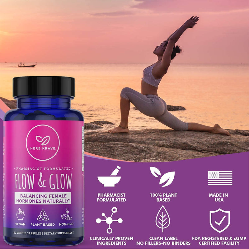 [Australia] - Herb Krave- Flow and Glow Natural Hormone Balance for Women: PMS & Menopause Relief- for Cramps, Hot Flashes, Mood Swings with Dong Quai & Black Cohosh for Menopause. 60 Count (Pack of 1) 