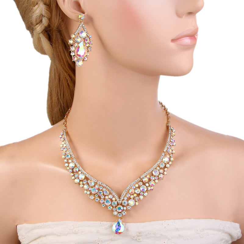 [Australia] - EVER FAITH Austrian Crystal Elegant V-Shaped Teardrop Necklace Earrings Set Iridescent Clear AB Gold-Tone 