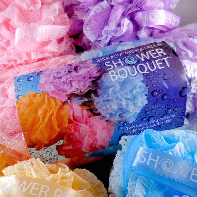 [Australia] - Loofah-Bath-Sponge Lace-Mesh-Set >> 2-Scrubs-in-1 by Shower Bouquet: Large Full 60g Pouf (4 Pack Spa Colors) Body Luffa Loofa Loufa Puff - Exfoliate, Cleanse Skin with Luxurious Bathing Accessories 