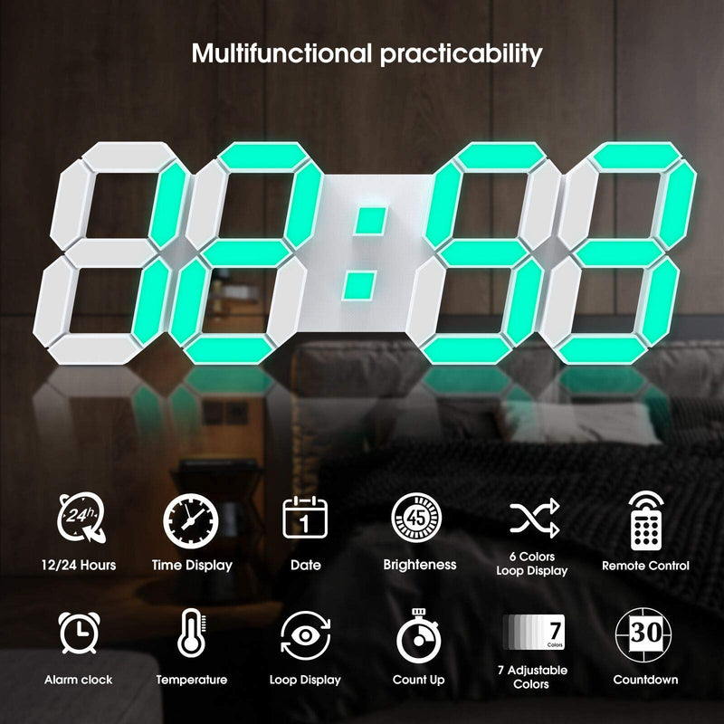 [Australia] - 3D LED Wall Clock 7 Colors 15" with Remote Control,Digital Alarm Clock Adjustable Brightness Timer 12/24 Hr Time/Date/Temperature for Bedroom/ Living Room/Office 15 INCH 
