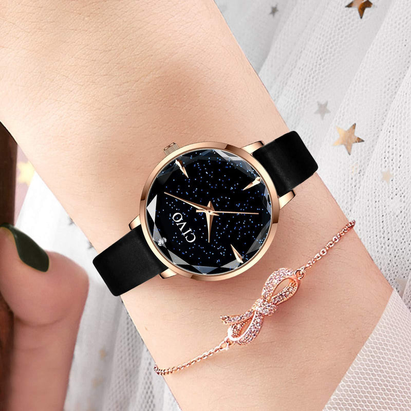 [Australia] - CIVO Ladies Watches Slim Ultra Minimalist Women Watch Waterproof Starry Sky Leather Strap Women Watches Elegant Simple Classic Business Dress Casual Analogue Watches for Ladies Teenager Red Black 2 Black 