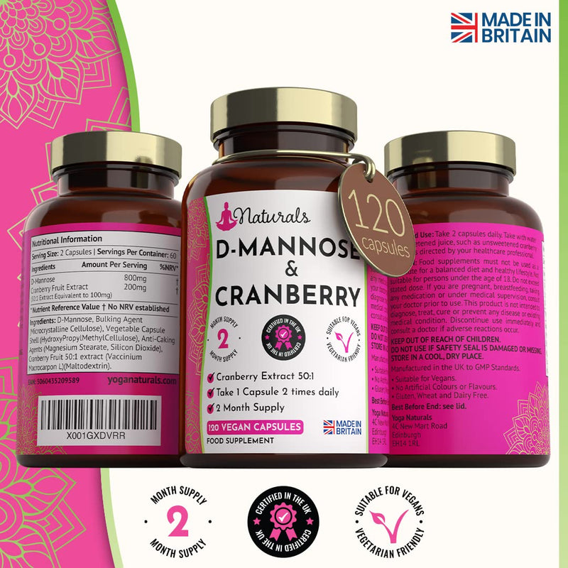 [Australia] - 120 D-Mannose and Cranberry Capsules - (2 Months Supply) 1000mg D Mannose & Cranberry Extract Per Serving - UK Made Vegan Supplement (Not Tablets) - High Strength Natural UTI Support for Women & Men 120 Count (Pack of 1) 